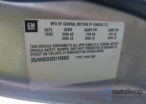 2003 Buick Century Custom из США, поврежденный, VIN 2G4WS52J931183362